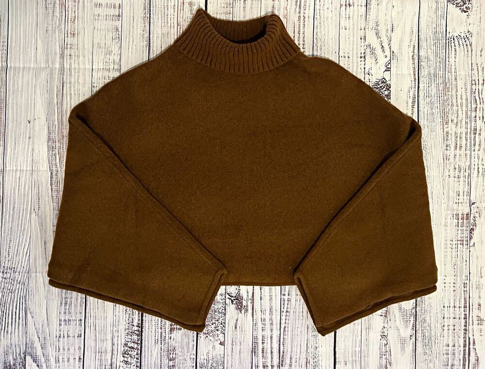 Zara Knit Mock Neck Cape Poncho Crop Sweater Chocolate Brown Button Cuffs Sz S
